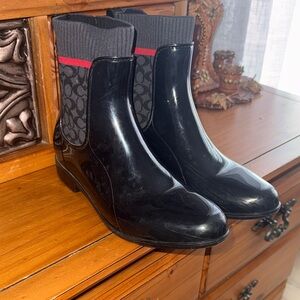 Coach Black Patent Logo-Print Rain Ankle Boots with Red Stripe
